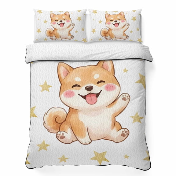 Quilts Twin Size Bedding Set, Cartoon Dog Lightweight Quilted Comforter, Japanese Style Golden Star Cute Animals Soft Reversible Bedspread Coverlet with Pillow Covers for All Season, 68" x 86"