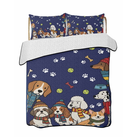 Quilts Twin Size Bedding Set, Cartoon Dogs Lightweight Quilted Comforter, Navy Blue Cute Animals Dogs Paws Prints Soft Reversible Bedspread Coverlet with Pillow Covers for All Season, 68" x 86"