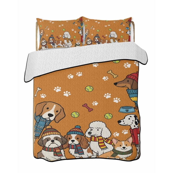 Quilts Twin Size Bedding Set, Cartoon Dogs Lightweight Quilted Comforter, Orange Cute Animals Dogs Paws Prints Soft Reversible Bedspread Coverlet with Pillow Covers for All Season, 68" x 86"