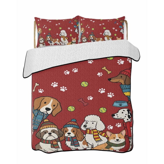 Quilts Twin Size Bedding Set, Cartoon Dogs Lightweight Quilted Comforter, Red Cute Animals Dogs Paws Prints Soft Reversible Bedspread Coverlet with Pillow Covers for All Season, 68" x 86"