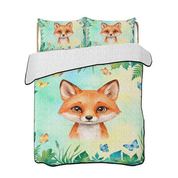 Quilts Twin Size Bedding Set, Cartoon Fox Lightweight Quilted Comforter, Summer Butterfly Fern Tropical Palm Plants Soft Reversible Bedspread Coverlet with Pillow Covers for All Season, 68" x 86"
