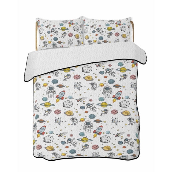 Quilts Twin Size Bedding Set, Cartoon Space Lightweight Quilted Comforter, Funny Cute Rocket Planet Soft Reversible Bedspread Coverlet with Pillow Covers for All Season, 68" x 86"