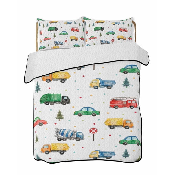 Quilts Twin Size Bedding Set, Cartoon Truck Lightweight Quilted Comforter, Funny Cute Colorful Car Tree Polka Dot Soft Reversible Bedspread Coverlet with Pillow Covers for All Season, 68" x 86"
