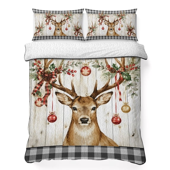 Quilts Twin Size Bedding Set, Christmas Elk Lightweight Quilted Comforter, Xmas Ball Botanical Black Checked Wooden Soft Reversible Bedspread Coverlet with Pillow Covers for All Season, 68" x 86"