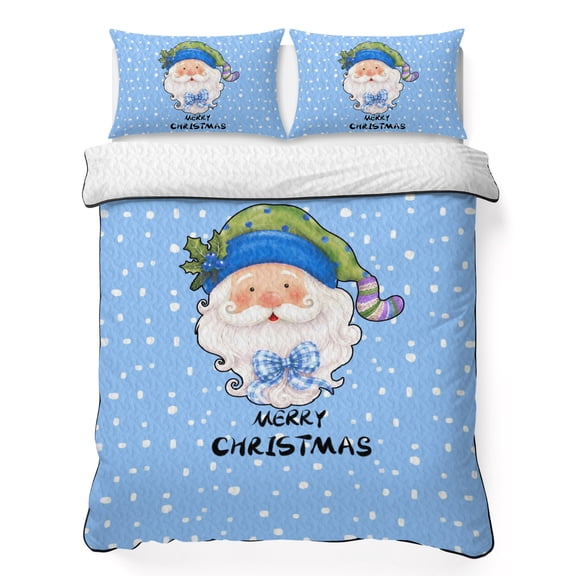 Quilts Twin Size Bedding Set, Christmas Santa Claus Lightweight Quilted Comforter, Winter Xmas Bow Polka Dots Blue Soft Reversible Bedspread Coverlet with Pillow Covers for All Season, 68" x 86"