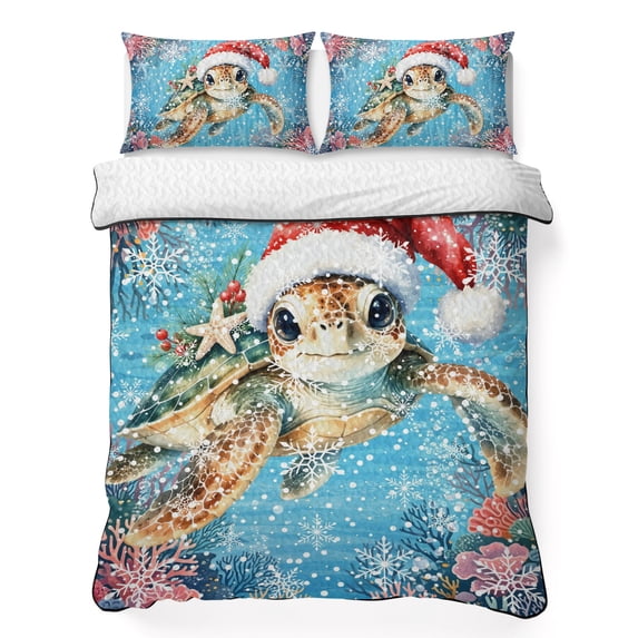 Quilts Twin Size Bedding Set, Christmas Sea Turtle Lightweight Quilted Comforter, Winter Snowflakes Coastal Nautical Blue Reversible Bedspread Coverlet with Pillow Covers for All Season, 68" x 86"
