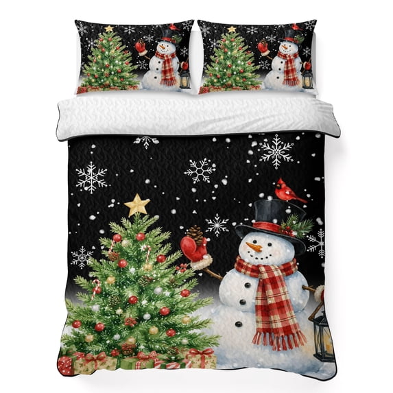 Quilts Twin Size Bedding Set, Christmas Snowman Lightweight Quilted Comforter, Black Cardinal Bird Xmas Snowflake Tree Soft Reversible Bedspread Coverlet with Pillow Covers for All Season, 68" x 86"