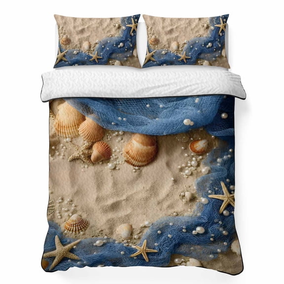 Quilts Twin Size Bedding Set, Coastal Beach Lightweight Quilted Comforter, Summer Nautical Blue Fishing Net Conch Soft Reversible Bedspread Coverlet with Pillow Covers for All Season, 68" x 86"
