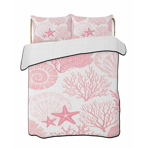 Quilts Twin Size Bedding Set, Coastal Pink Lightweight Quilted Comforter, Ocean Coral Starfish Shell Modern Sea Soft Reversible Bedspread Coverlet with Pillow Covers for All Season, 68" x 86"