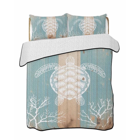 Quilts Twin Size Bedding Set, Coastal Sea Turtle Lightweight Quilted Comforter, Summer Coral Ocean Vintage Wood Soft Reversible Bedspread Coverlet with Pillow Covers for All Season, 68" x 86"