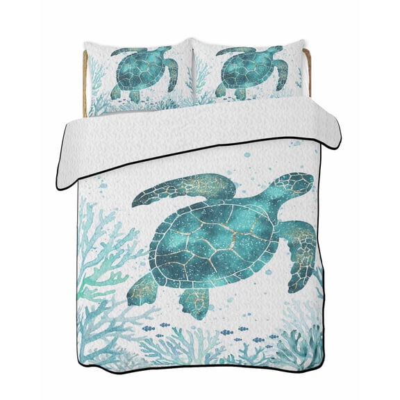 Quilts Twin Size Bedding Set, Coastal Sea Turtle Lightweight Quilted Comforter, Teal Green Summer Ocean Coral Sea Fish Soft Reversible Bedspread Coverlet with Pillow Covers for All Season, 68" x 86"