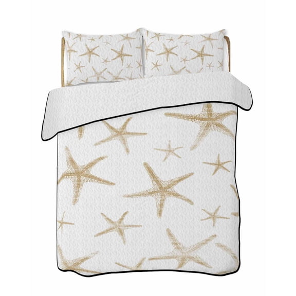 Quilts Twin Size Bedding Set, Coastal Starfish Lightweight Quilted Comforter, Summer Beach Nautical Ocean Sea Soft Reversible Bedspread Coverlet with Pillow Covers for All Season, 68" x 86"