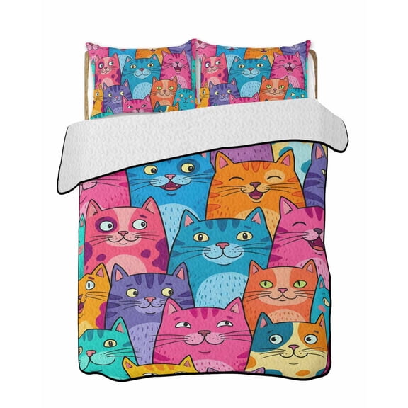 Quilts Twin Size Bedding Set, Colorful Cat Lightweight Quilted Comforter, Modern Abstract Art Cartoon Animals Soft Reversible Bedspread Coverlet with Pillow Covers for All Season, 68" x 86"