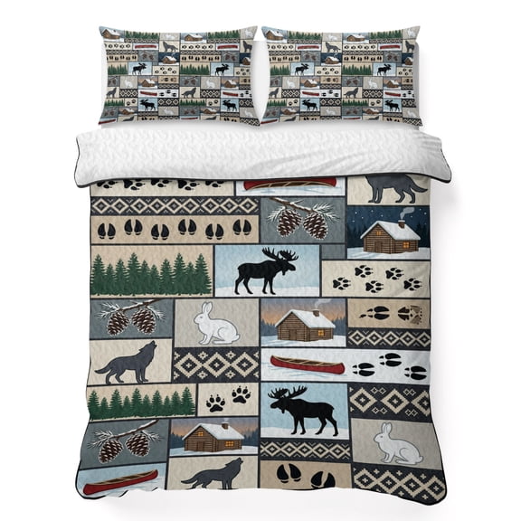 Quilts Twin Size Bedding Set, Country Cabin Lightweight Quilted Comforter, Boho Farm Barn Elk Rabbit Tree Paw Print Soft Reversible Bedspread Coverlet with Pillow Covers for All Season, 68" x 86"
