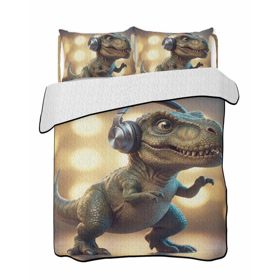 Quilts Twin Size Bedding Set, Cute Dinosaur Lightweight Quilted Comforter, Funny Abstract Animals Print Soft Reversible Bedspread Coverlet with Pillow Covers for All Season, 68" x 86"