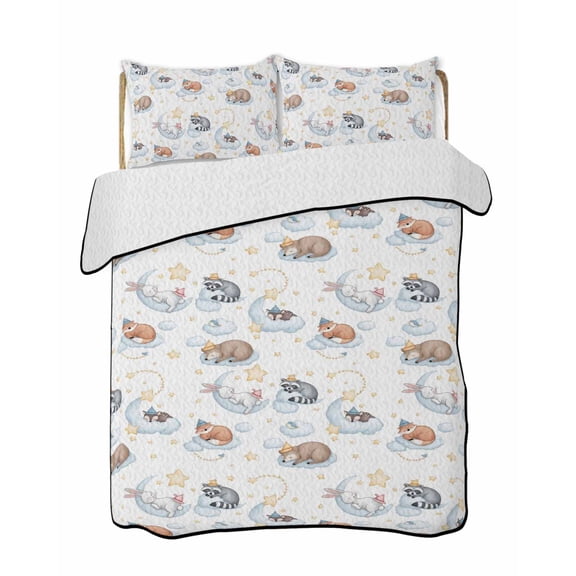 Quilts Twin Size Bedding Set, Cute Fox Lightweight Quilted Comforter, Funny Animals Watercolor Star Bunny Soft Reversible Bedspread Coverlet with Pillow Covers for All Season, 68" x 86"