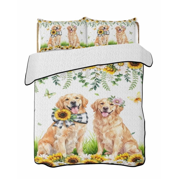 Quilts Twin Size Bedding Set, Cute Puppy Sunflowers Lightweight Quilted Comforter, Farmhouse Eucalyptus Leaves Soft Reversible Bedspread Coverlet with Pillow Covers for All Season, 68" x 86"