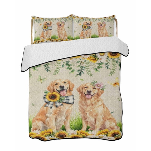 Quilts Twin Size Bedding Set, Cute Puppy Sunflowers Lightweight Quilted Comforter, Farmhouse Eucalyptus Retro Beige Soft Reversible Bedspread Coverlet with Pillow Covers for All Season, 68" x 86"