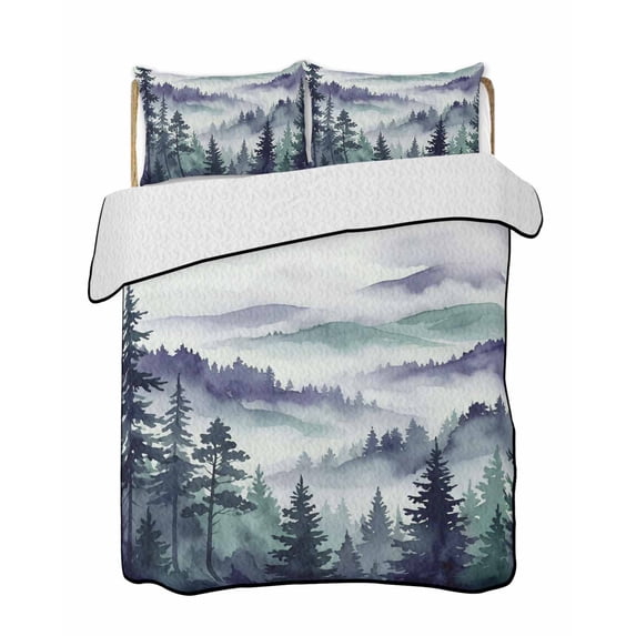 Quilts Twin Size Bedding Set, Dark Purple Forest Lightweight Quilted Comforter, Watercolor Clouds Trees Mountain Soft Reversible Bedspread Coverlet with Pillow Covers for All Season, 68" x 86"