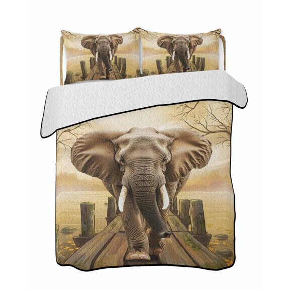 Quilts Twin Size Bedding Set, Elephants Lightweight Quilted Comforter, Branches Trees Modern Art Animals Soft Reversible Bedspread Coverlet with Pillow Covers for All Season, 68" x 86"