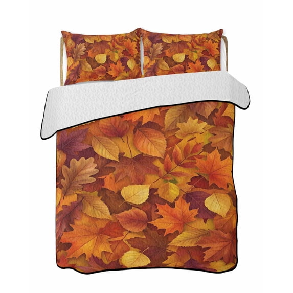 Quilts Twin Size Bedding Set, Fall Lightweight Quilted Comforter, Autumn Modern Country Abstract Maple Leaf Textured Soft Reversible Bedspread Coverlet with Pillow Covers for All Season, 68" x 86"