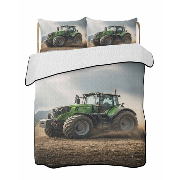 Quilts Twin Size Bedding Set, Farmhouse Tractor Lightweight Quilted Comforter, Farm Green Car Countryside Soft Reversible Bedspread Coverlet with Pillow Covers for All Season, 68" x 86"