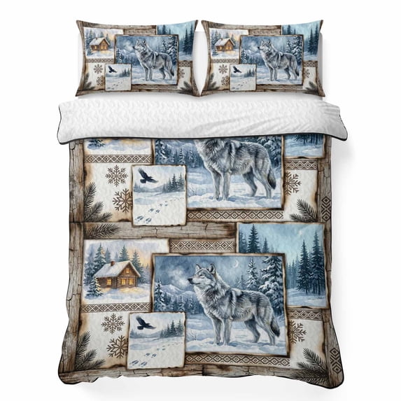 Quilts Twin Size Bedding Set, Farmhouse Wolf Lightweight Quilted Comforter, Winter House Eagle Snowflake Pine Tree Soft Reversible Bedspread Coverlet with Pillow Covers for All Season, 68" x 86"