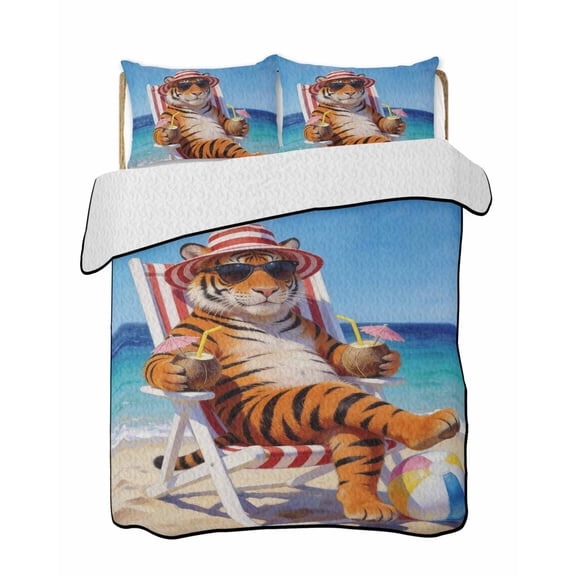 Quilts Twin Size Bedding Set, Funny Tiger Summer Beach Lightweight Quilted Comforter, Blue Sand Vacations Soft Reversible Bedspread Coverlet with Pillow Covers for All Season, 68" x 86"