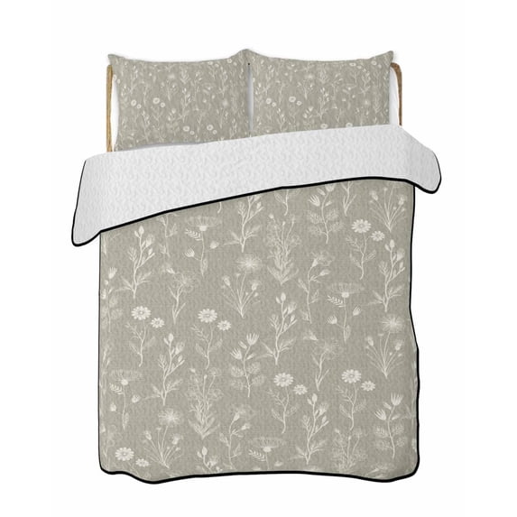 Quilts Twin Size Bedding Set, Gray Green Flowers Lightweight Quilted Comforter, Spring Summer Farmhouse Botanical Soft Reversible Bedspread Coverlet with Pillow Covers for All Season, 68" x 86"