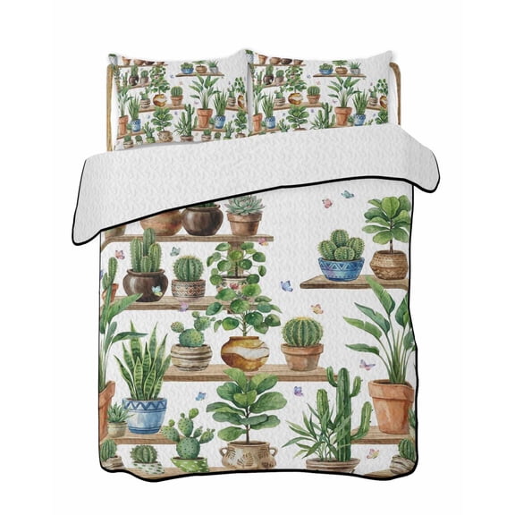 Quilts Twin Size Bedding Set, Green Cactus Lightweight Quilted Comforter, Summer Watercolor Botanical Leaf Plant Soft Reversible Bedspread Coverlet with Pillow Covers for All Season, 68" x 86"