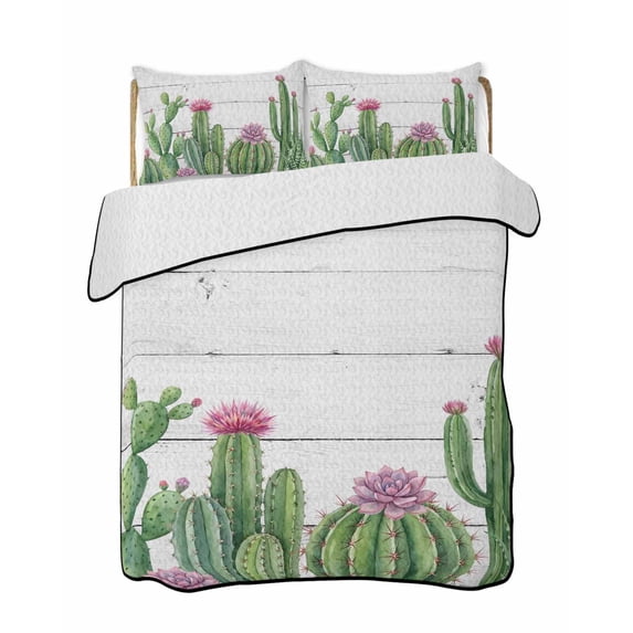 Quilts Twin Size Bedding Set, Green Cactus Tropical Lightweight Quilted Comforter, Grey Wooden Summer Soft Reversible Bedspread Coverlet with Pillow Covers for All Season, 68" x 86"