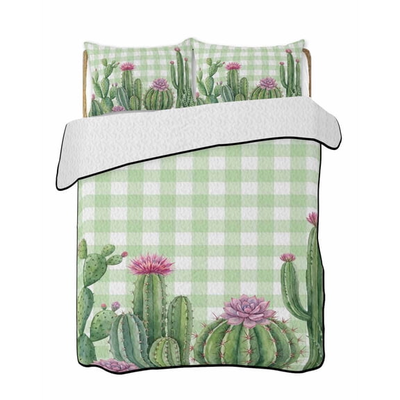 Quilts Twin Size Bedding Set, Green Cactus Tropical Lightweight Quilted Comforter, Sage Green Buffalo Plaid Summer Soft Reversible Bedspread Coverlet with Pillow Covers for All Season, 68" x 86"