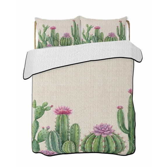 Quilts Twin Size Bedding Set, Green Cactus Tropical Lightweight Quilted Comforter, Summer Vintage Botanical Soft Reversible Bedspread Coverlet with Pillow Covers for All Season, 68" x 86"