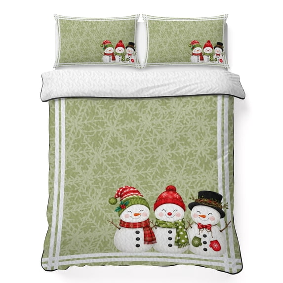 Quilts Twin Size Bedding Set, Green Christmas Snowflakes Lightweight Quilted Comforter, Winter Xmas Cute Snowman Plaid Soft Reversible Bedspread Coverlet with Pillow Covers for All Season, 68" x 86"