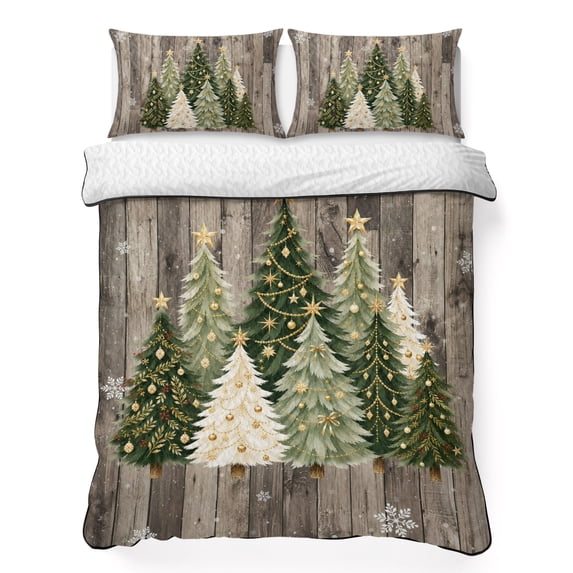 Quilts Twin Size Bedding Set, Green Xmas Trees Lightweight Quilted Comforter, Christmas Snowflake Rustic Wood Brown Soft Reversible Bedspread Coverlet with Pillow Covers for All Season, 68" x 86"