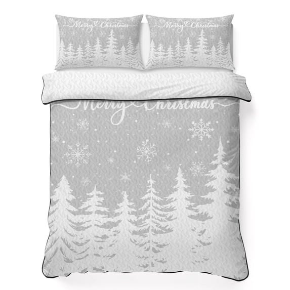 Quilts Twin Size Bedding Set, Grey Christmas Trees Lightweight Quilted Comforter, Winter Xmas Snowflakes Pine Forest Soft Reversible Bedspread Coverlet with Pillow Covers for All Season, 68" x 86"