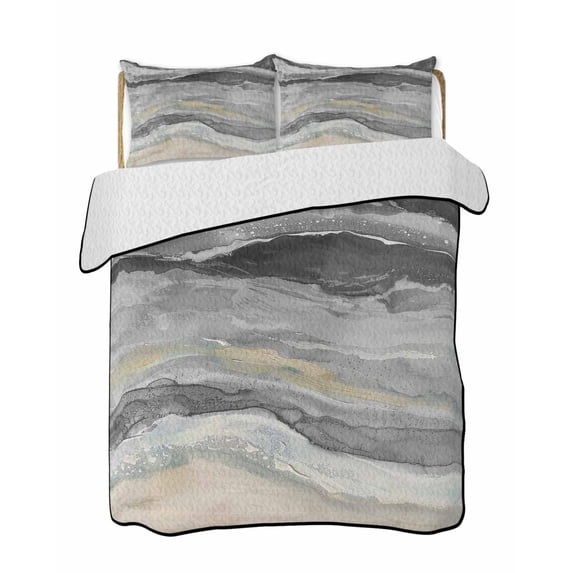 Quilts Twin Size Bedding Set, Grey Coastal Lightweight Quilted Comforter, Summer Beach Nautical Abstract Art Soft Reversible Bedspread Coverlet with Pillow Covers for All Season, 68" x 86"