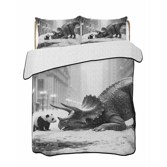 Quilts Twin Size Bedding Set, Grey Dinosaur Panda Lightweight Quilted Comforter, Retro City Snowy Animals Abstract Art Soft Reversible Bedspread Coverlet with Pillow Covers for All Season, 68" x 86"
