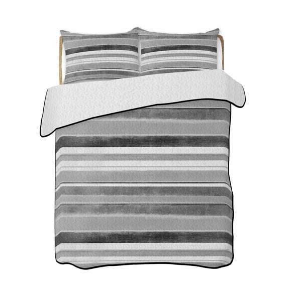 Quilts Twin Size Bedding Set, Grey Nordic Style Stripes Lightweight Quilted Comforter, Black Gray Texture Soft Reversible Bedspread Coverlet with Pillow Covers for All Season, 68" x 86"