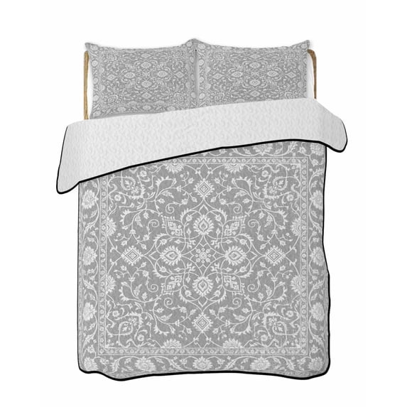 Quilts Twin Size Bedding Set, Grey Paisley Boho Lightweight Quilted Comforter, Abstract Art Floral Aesthetic Soft Reversible Bedspread Coverlet with Pillow Covers for All Season, 68" x 86"