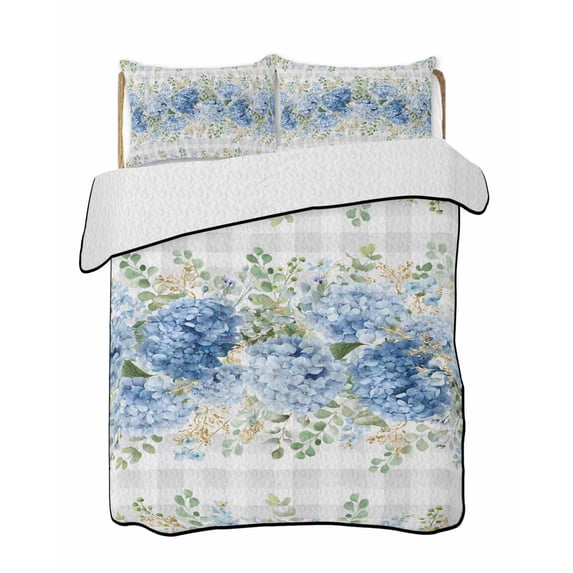 Quilts Twin Size Bedding Set, Hydrangea Eucalyptus Lightweight Quilted Comforter, Summer Botanical Grey Buffalo Plaid Soft Reversible Bedspread Coverlet with Pillow Covers for All Season, 68" x 86"