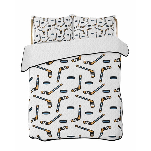 Quilts Twin Size Bedding Set, Ice Hockey Sport Lightweight Quilted Comforter, Cartoon Classic Hockey Pattern Soft Reversible Bedspread Coverlet with Pillow Covers for All Season, 68" x 86"