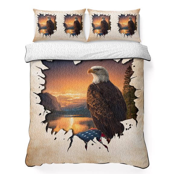Quilts Twin Size Bedding Set, Independence Day Lightweight Quilted Comforter, Farmhouse Retro Eagle Nature Scenery Soft Reversible Bedspread Coverlet with Pillow Covers for All Season, 68" x 86"