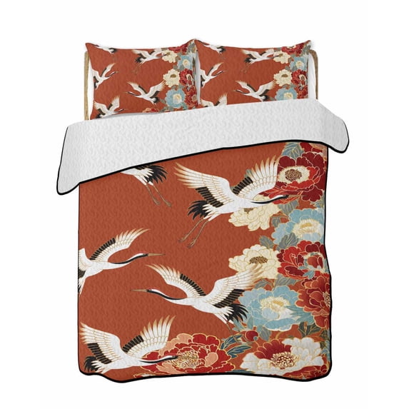 Quilts Twin Size Bedding Set, Japanese Style Lightweight Quilted Comforter, Red Farmhouse Botanical Peony Birds Soft Reversible Bedspread Coverlet with Pillow Covers for All Season, 68" x 86"