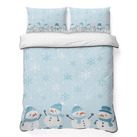Quilts Twin Size Bedding Set, Lake Blue Snowman Christmas Lightweight Quilted Comforter, Xmas Snowflake Winter Snowman Soft Reversible Bedspread Coverlet with Pillow Covers for All Season, 68" x 86"