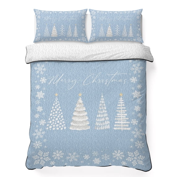 Quilts Twin Size Bedding Set, Light Blue Christmas Lightweight Quilted Comforter, Winter Xmas Snowflake Trees Snowy Soft Reversible Bedspread Coverlet with Pillow Covers for All Season, 68" x 86"