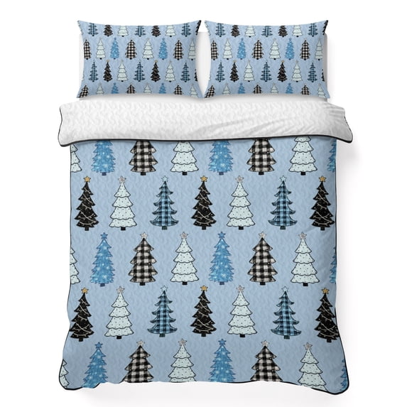 Quilts Twin Size Bedding Set, Light Blue Christmas Lightweight Quilted Comforter, Winter Xmas Trees Snowflakes Plaid Dots Reversible Bedspread Coverlet with Pillow Covers for All Season, 68" x 86"