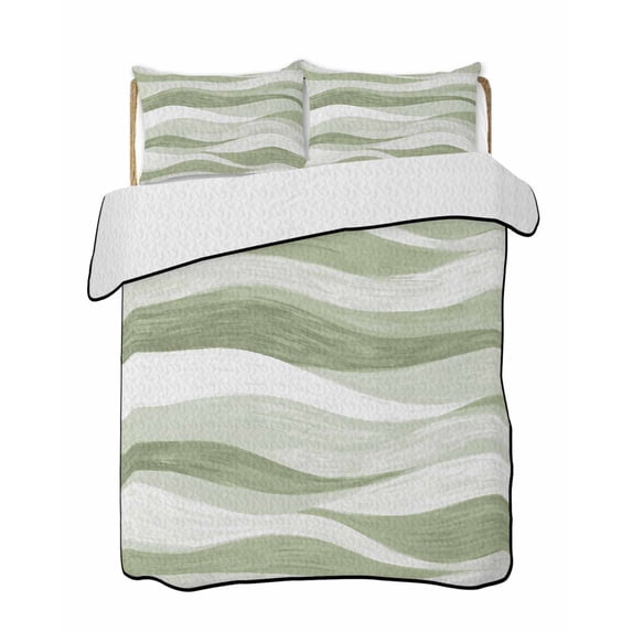 Quilts Twin Size Bedding Set, Light Sage Green Ombre Lightweight Quilted Comforter, Modern Moire Abstract Art Aesthetics Reversible Bedspread Coverlet with Pillow Covers for All Season, 68" x 86"