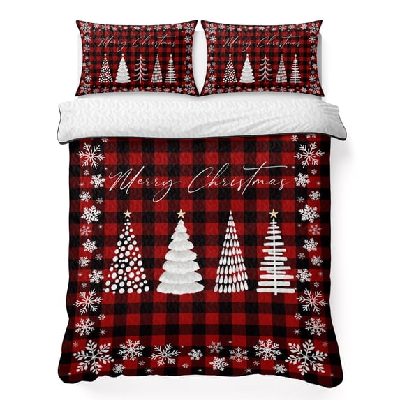 Quilts Twin Size Bedding Set, Merry Christmas Lightweight Quilted Comforter, Xmas Trees Snowflake Plaid Red Black Soft Reversible Bedspread Coverlet with Pillow Covers for All Season, 68" x 86"