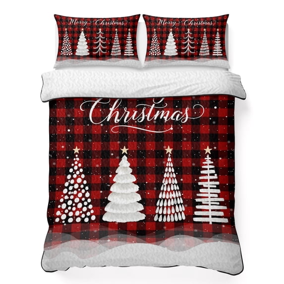 Quilts Twin Size Bedding Set, Merry Christmas Lightweight Quilted Comforter, Xmas Trees Snowflake Rustic Plaid Red Black Reversible Bedspread Coverlet with Pillow Covers for All Season, 68" x 86"